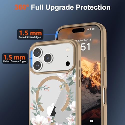 Image of VONZEE Retro Floral Clear Case for iPhone 17 Pro Max (6.9 inch) | Magnetic Wireless Charging Compatible | Luxury PC+TPU Shockproof Glossy Shiny Back Cover for Girls & Women (Desert)