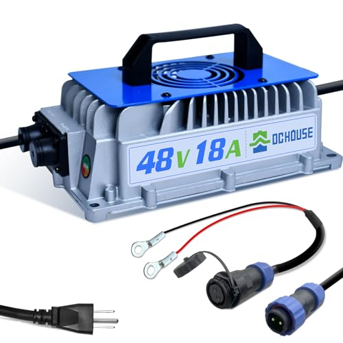 DC HOUSE 48V 18A Lithium Battery Charger, 900W Fast Charger, Charging Efficiency ≥ 93%, IP65 Waterproof Anti-Fall with Cooling Fan, Suitable for 48V Golf Cart/Forklift/Ship Lithium Battery