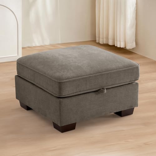 Image of TEKAMON 27.5 inch Storage Ottoman, Square Footrest with Sponge Padded Seat, Chenille Fabric Step Stool for Sofa, Bedroom, Living Room, Entryway, Modern Change Shoes Stool, Wood Legs,(Brown)