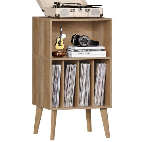 Plattenspieler-Ständer, Modern Plattenspieler-Ständer bietet Platz für bis zu 160 Alben, Mid-Century Vinyl-Aufbewahrungshalter Tisch mit Holzbeinen, Plattenspieler-Schrank-Display-Regal, EICHE