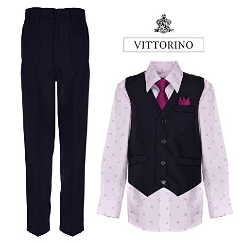 Image of Vittorino Boys 4 Piece Suit Set with Vest, Dress Shirt, Bow Tie, Pants & Pocket Square | Big & Little Kids Formal Apparel