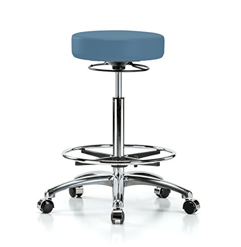 Image of Perch Chrome 360 Degree Height Adjustable Swivel Stool with Foot Ring | High Bench Height 24-34 inch | Colonial Blue Vinyl