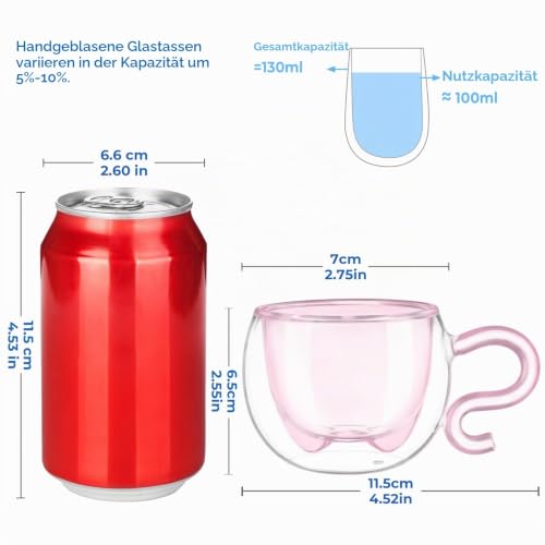 ecooe 130ml Süße Rosa Katze Doppelwandige Kaffeegläser Espressotassen 2er-Set, Katzentasse Geburtstagsgeschenk Geschenke für Frauen… – Ansicht 2