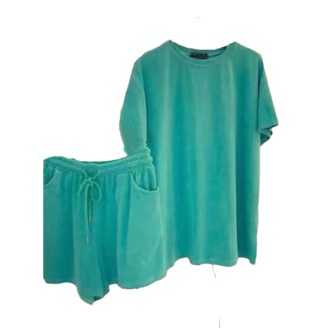 Estate Tempo Libero Sport Suit Donne Sciolto Tinta unita Manica Corta T-Shirt Shorts 2 Pezzi Set, Blu lago, L