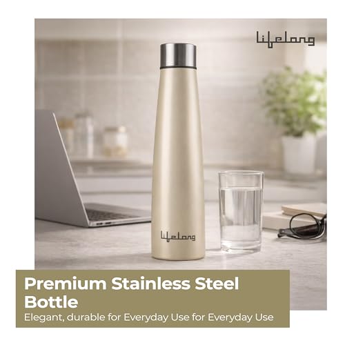 Image of Lifelong 900ml Stainless Steel Water Bottle Pack of 3 | Leak-Proof & Durable | Easy to Clean | Odour-Free | Rust-Free Build, Secure Cap & Easy Grip | Ideal for School, Office, Travel & Gym (Beige)