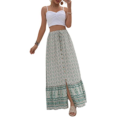 Women's Bohemian Floral Printed Elastic Waist A Line Long Maxi Skirt High Waisted Split Half Dress (Light Green, Large)