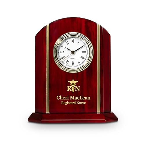 Executive Gift Shoppe | Elite Collection Nurse Theme Personalized Rosewood Desk Clock with Gold Accents