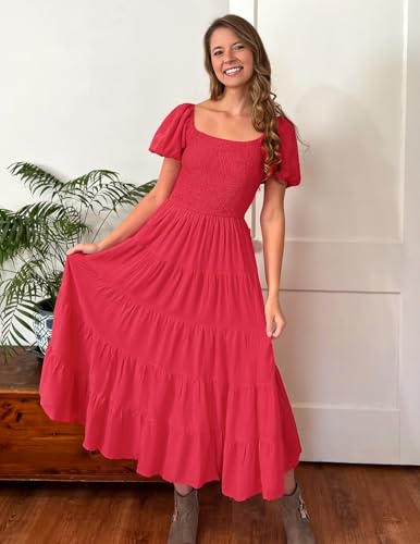 Image of ZESICA Women's 2026 Summer Puff Sleeve Midi Dress 2026 Boho Solid High Waist Flowy Beach Wedding Guest Long Dresses