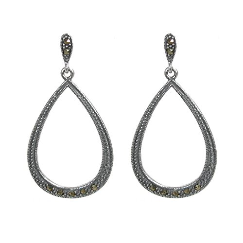 Antique Bali 925 Sterling Silver Vintage Marcasite Teardrop Loop Dangle