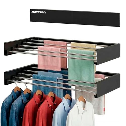 Marctani Tendedero Extensible Pared Ahorra Espacio   Tendederos Plegables ANTIOXIDANTES Interior o Exterior   Tendal Plegable Resistente 24 Pinzas   Tenderete de Ropa (Negro, 120 CM)