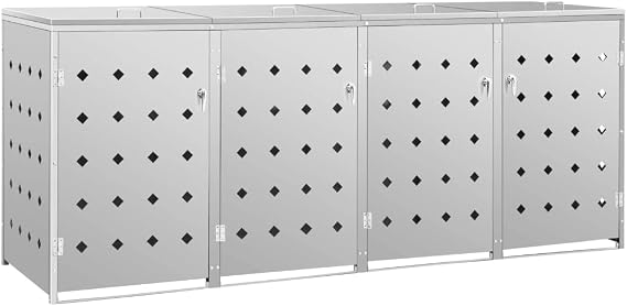 Hommdiy Wheelie Bin Box for 4/3/2/1 Bins 240 L Stainless Steel Wheelie Bin Cover Garden Box Rubbish Container Silver (4 Bins)