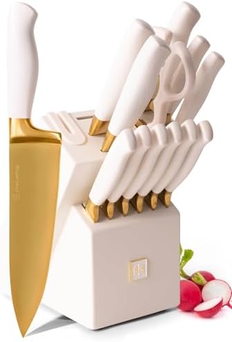 STYLED SETTINGS Gold Knife Set with Block Self Sharpening –14 Piece Gold and White Kitchen Knife Set with Built-In Sharpener, High Carbon Stainless Steel, Titanium Coated Blades, Luxury Kitchen