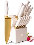 White and Gold Knife Set with Block - 14-Piece White Knife Set with Block and Built-In Sharpener – Titanium-Coated High Carbon Stainless Steel Blades - Gold Kitchen Accessories - Great for Gifting