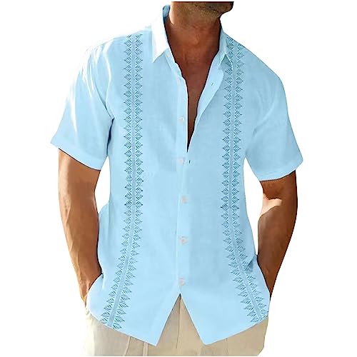 Lista de Camisas de Vestir para Hombre Baratas que Puedes Comprar On-line. 50 LSOLMD - Camisa de manga corta para hombre, estilo guayabera, de algodón, de lino, con botones, casual, playa, hawaiana, Ofertas _Azul, XX-Large