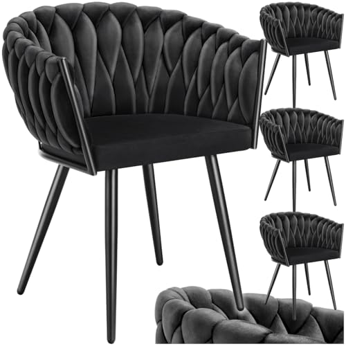 tectake&reg; Samt Stuhl, Schalenstuhl mit Armlehne in Knoten Optik, Esszimmerst&uuml;hle, Sessel modern f&uuml;r Wohnzimmer, Esszimmer, als K&uuml;chenst&uuml;hle, f&uuml;r Schminktisch, Dining Chair Set - schwarz, 4er Set