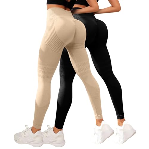 2 Pack Leggins Deportivos Mujer Push Up Cintura Alta Verano Leggings 3D Anticelulíticos Mujer sin Costuras Transpirable Elasticos Mallas Pantalones Deportes para Yoga Fitness
