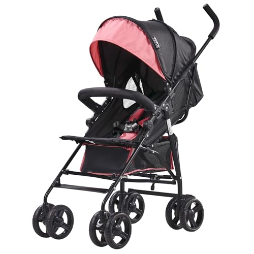 Image of VEVOR Lightweight Stroller, Compact Easy Fold Multiposition Recline Canopy Backrest, Carbon Steel Frame, Large Storage Basket, Umbrella Toddler Baby Stroller for Travel and More, Black/Pink