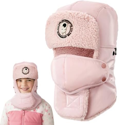 Trapper Hat for Ages 5-12 – Soft Faux Fur Lining, Pink Kids Winter Hat with Ear Flaps & Windproof Mask Gifts for Girls