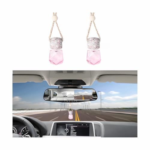 Image of Bling Car Hanging Bottle, 2PCS Crystal Rhinestone Empty Clear Vehicle Essential Diffuser Glass Pendant with Wooden String, Diamond Auto Interior Oil Vase Decor, Universal Fit (Pink)