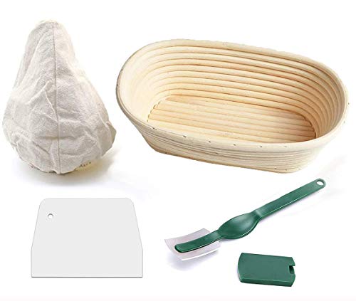 AWLAND 10 Inch Bread Proofing Basket Oval Proofing Basket Includes Linen Liner Cloth, Dough Scraper and Bread Lame, Handmade Proofing Box Gifts for Professional & Home Bakers