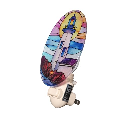 Image of Lighthouse Stained Glass Styled Night Light Plug in - Made with Real Glass, Bulb Included, On /Off Switch - Nautical Beach Theme Bathroom, or Beach House Accent Light Pink Skies