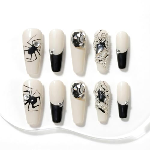Sun&Beam Nails Handmade Press-on Long Coffin Ballerina Beige Black Halloween Spider Design False Nail Tips 10 Pcs (#133 L) miniatura 1