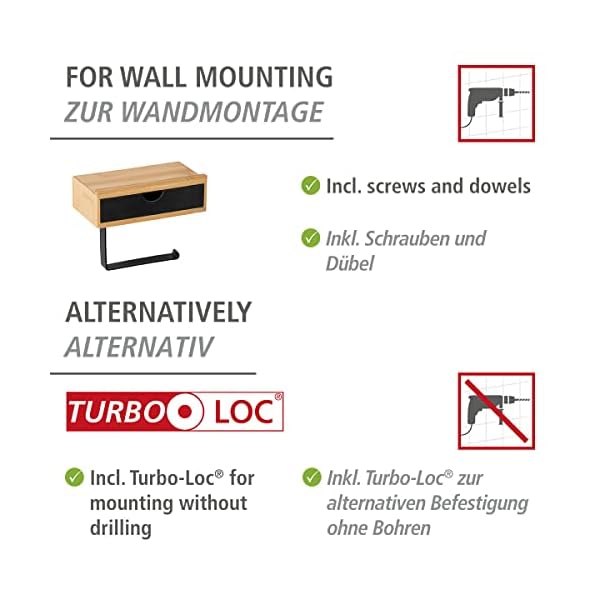WENKO Toilettenpapierhalter Bambusa mit praktischer Ablage aus hochwertigem Bambus, Schublade für Feuchttücher, Halter zur Wandmontage, inkl. Befestigungsmaterial, 18,5 x 14 x 10,5 cm, Natur/Schwarz – Bild 5