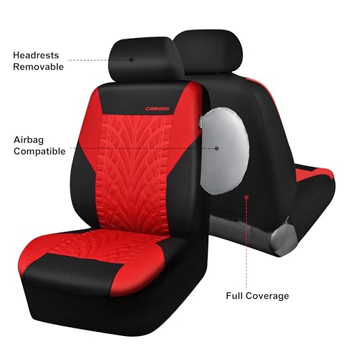 Image of CAR PASS Car Seat Covers Two Front Only for Car, 3D Tyre Print Automotive Interior Covers, Airbag Compatible, Quick Setup Universal Fit Seat Covers for Car, Truck, SUV(Black Red)