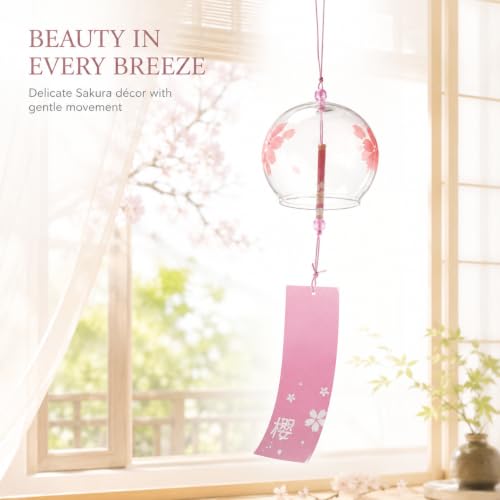 Image of Artibetter Japanese Glass Wind Chime Hanging Bell with Cherry Blossom Design | Handmade Furin Wind Bell for Home, Balcony, Garden, Patio, Window & Gift Decor (Pink)