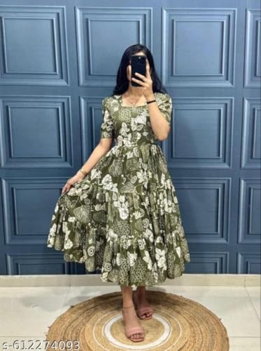 Image of Modestouze Attires Women's Paisley Pattern Rayon Midi Dress with Half Puff Sleeve Round Neck Calf Length and Pull On Closure Type