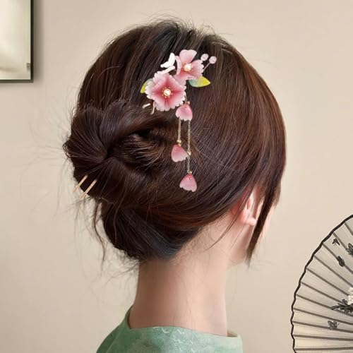 Pinza para cabello artesana con flor de durazno rosa y hojas, con borla miniatura 4