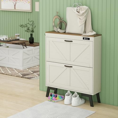 TaoHFE Farmhouse Small Shoe Cabinet Storage for Entryway,Deodorizing Shoe Organizer Cabinet Storage with 2 Flip Drawers,White flip Drawer Shoe Cabinet Hidden Cabinet Foyer,Hallway - Image 5