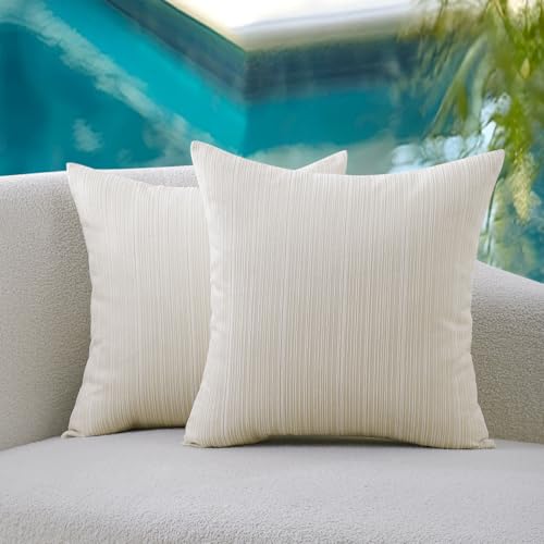VAKADO Outdoor Chenille Pillow Covers 18x18 Set of 2,Waterproof UV Fade Resistant Stripe Patio Pillow Cushion Covers for Furniture Decorative Porch Couch Throw Pillow Cases for Garden Cream White