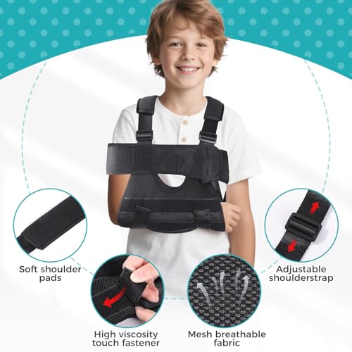 Kids Upper Extremity Sling, Breathable & Comfort Arm Sling Shoulder Immobilizer，Adjustable Arm Sling for Elbow Injury(black-S)