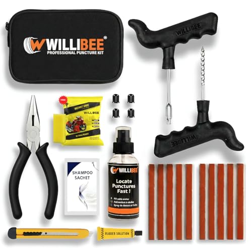 WILLIBEE 11-in-1 (Pack of 10 Strips) Tubeless Tyre Puncture Repair Kit for Car & Bike | Heavy-Duty Puncher Kit (Includes Storage Bag)