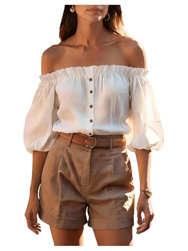 GORGLITTER Women's Off The Shoulder Tops Ruffle Puff Sleeve Blouses White