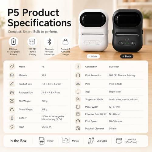 Image of Compact Thermal Printer, mini Wireless Printer, can Print barcodes and Stickers, Suitable for Office, Retail, and Jewelry Label Production, Supports Mobile Phone Connection and USB Charging (White)