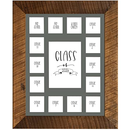Image of Rustic Red Door Co. School Years Reclaimed Wood Picture Frame with Mat - 11x14 Wooden Framed 15 Photo Collage Mat Pre-School & Kindergarten to 12th Grade (Class of 2026, Grey)