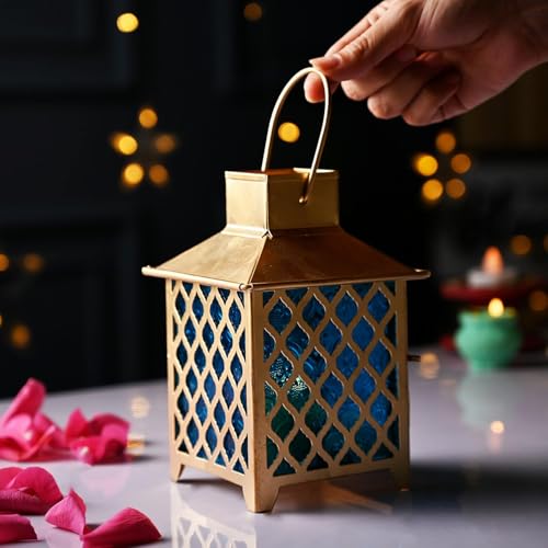 Image of MARKET 99 Metal & Glass Lantern Candle Holder with Blue Glass | Decorative Hanging & Tabletop Lantern for Diwali, Christmas, Weddings & Festive Home Decor | Golden & Blue Finish