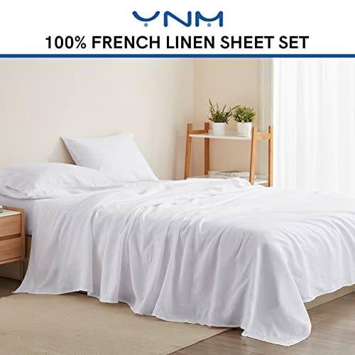 Ynm French Linen Sheet Set - Cozy, Skin-Friendly, And Eco-Friendly Pure French Linen Sheets Collection, 4-Piece Set Includes Flat Sheet, Fitted Sheet, And 2 Pillowcases – Queen, White #TOP1