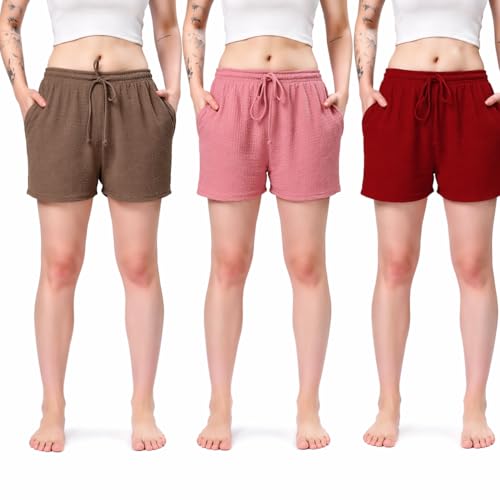 Image of London Hills Shorts for Women Textured Waffle Knit with Pockets for Gym, Sports, Running, Yoga, Cycling, Walk Casual Shorts Or Half Lower, Hot Pant, Half Trouser, Pack of 1, Pack of 2, Pack of 3