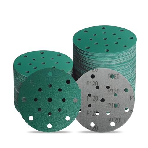 Image of 6 Inch 17 Hole 120 Grit Zirconia Alumina Hook & Loop Sanding Discs, Heavy-Duty Polyester Film Backing, Wet /Dry Anti-Clog for Random Orbital Sanders - Wood, Automotive, Metal - 50 Pack