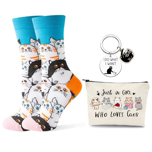 3 Stück Katzen Geschenke Set für Frauen Lustige Socken Damen 36-43 & Kosmetiktasche mit Schlüsselanhänger Witzige Katzensocken Baumwolle Geschenk für Katzenliebhaber Geburtstag Cat Socken Beige