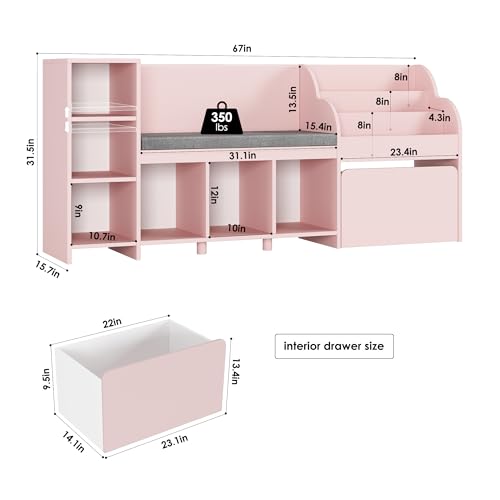 HOSTACK 67" Kids Reading Nook with Bench, Kids Bookshelf and Bookcase with Seat Cushion and 6 Storage Cubbies, Toy Storage Box on Wheels, Toy Chest for Playroom, Bedroom, School, Pink