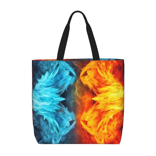 Fire vs ice art Tote Bag for Women, Zipper Casual Tote's Handbag for Travel, Work, Lightweight Laptop Bags Big Capacity Shoulder Bag Reusable Grocery Shopping Bags