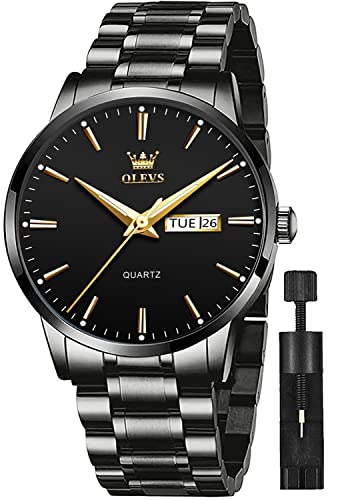 OLEVS Mens Watch Stainless Steel Big Face Black Casual Dress Wrist Watch Quartz Analog Day Date Waterproof Luminous