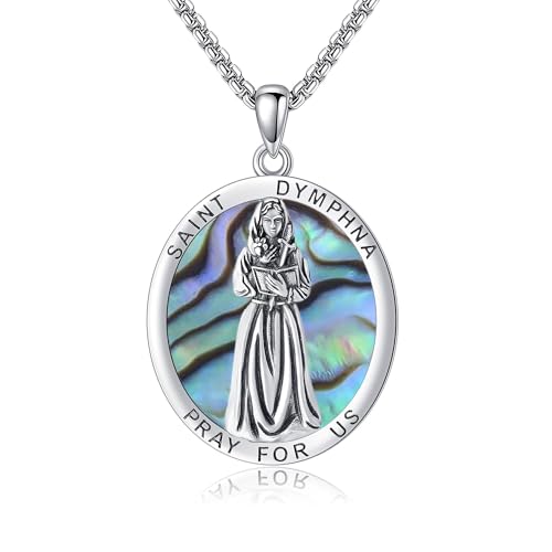 St Dymphna Necklace 925 Sterling Silver Abalone Shell Saint Dymphna Pendant Catholic Mother's Day Jewelry for Women Mom