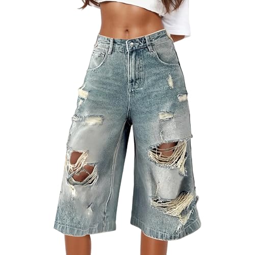 Pantalon court en jean déchiré femme ample grande taille été bleu