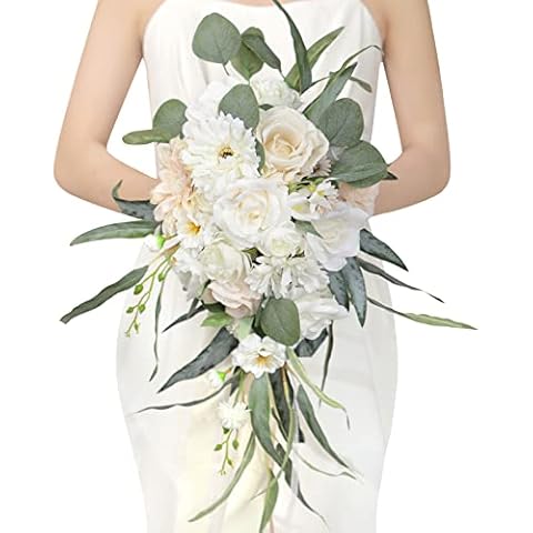 Serwalin 9.8 Inch Wedding Bouquets for Bride Bridesmaid, White Champagne Dahlia Bridal Bouquets for Bride, Wedding Flowers Bouquet, Wedding Ceremony and Anniversary Valentine's Day Decor Cover