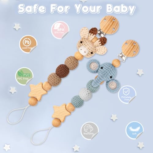 Image of Pacifier Clip, 2 Pack Pacifier Holder for Boys and Girls, Cute Deer Handmade Knitted Christmas Pacifier Clip Fits for Most Pacifier, Baby Teethers, Baby Shower and Baby Gift(Elephant&Deer)
